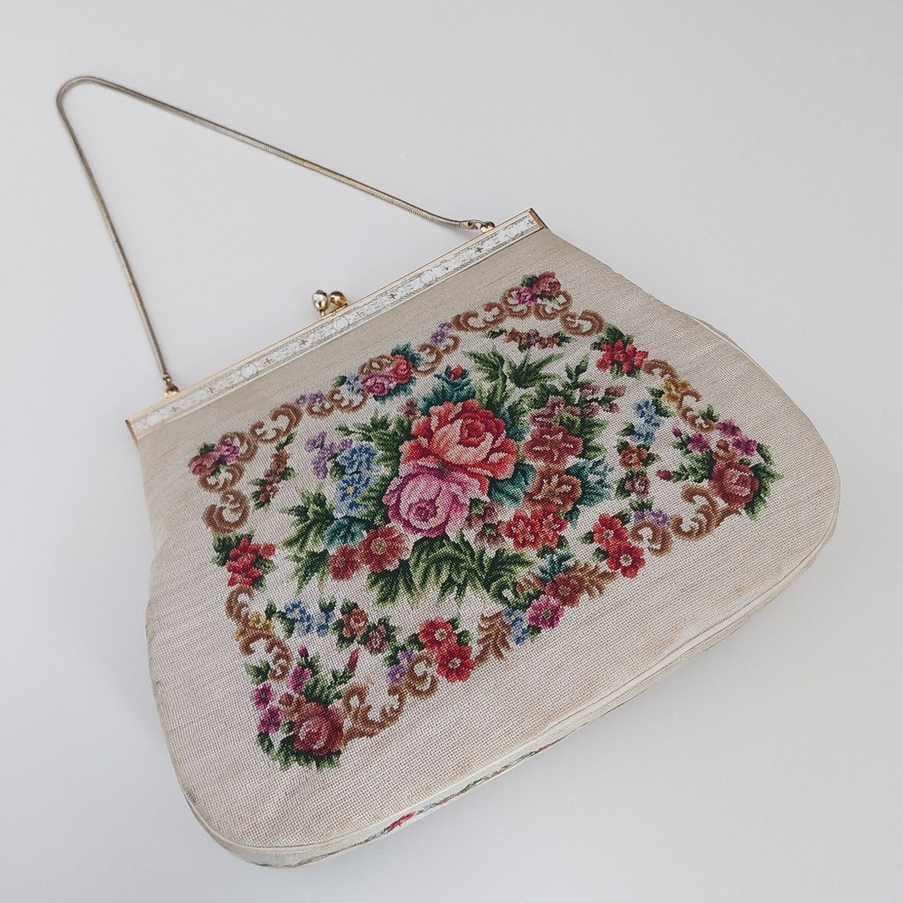 Vintage Petit Point Floral Tapestry Evening Bag, 1950s Needlepoint Clutch - Picture 14 of 14